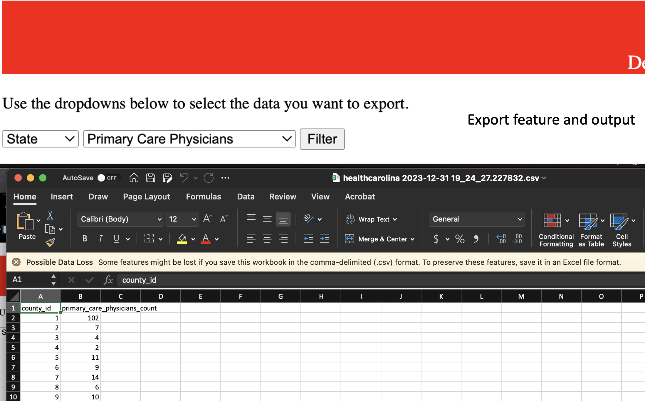 Two screenshots, one of HealthCarolina's export page and one of Microsoft Excel showing the output.