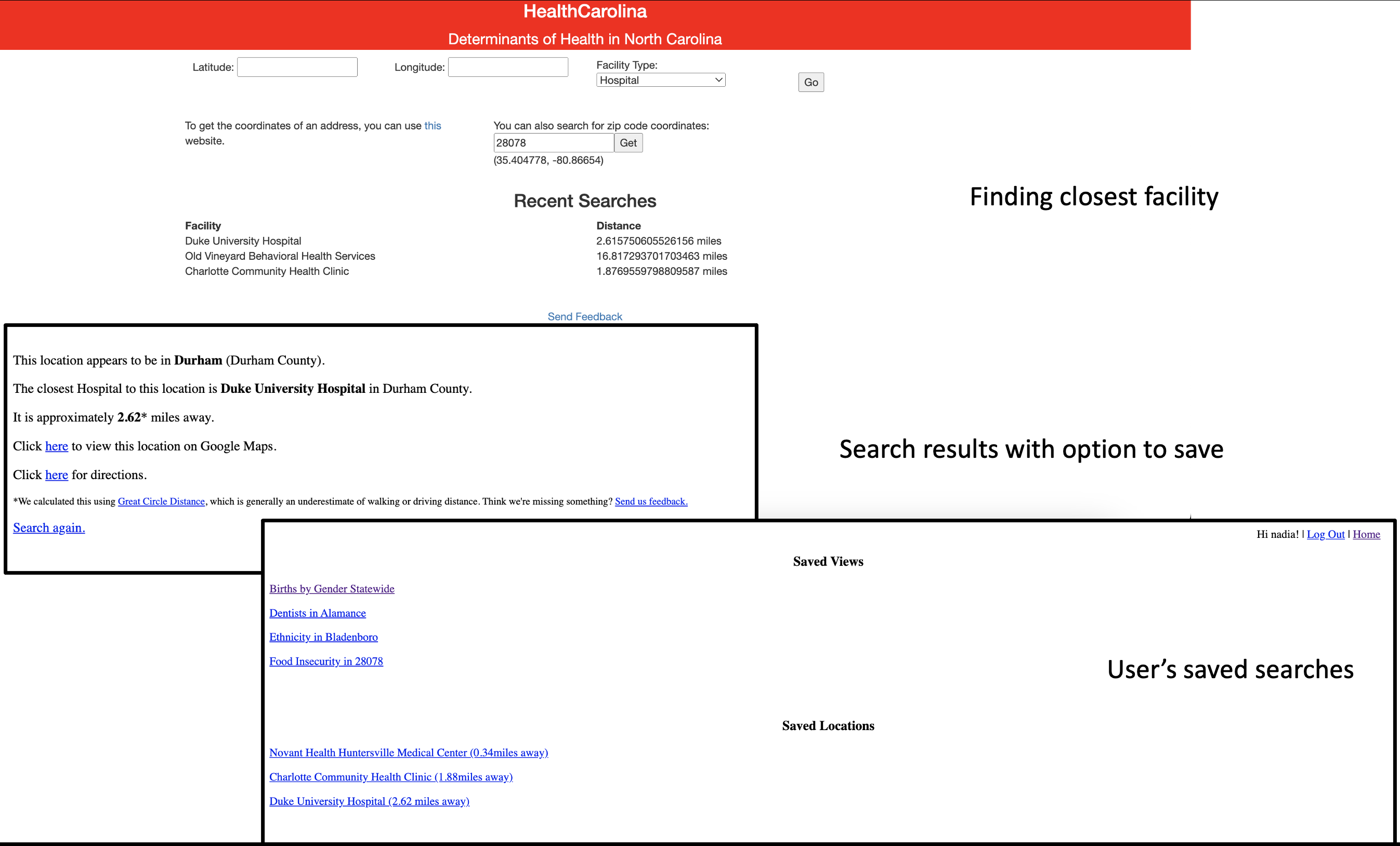 Screenshots showing HealthCarolina's closest health facility functionality, a sample search result showing the distance to Duke University Hospital with links to directions, and user's saved search results.